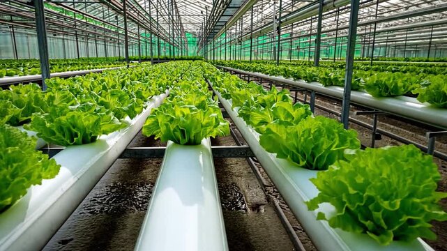 Lush Green Lettuce Grows in Modern Hydroponic Greenhouse Environment