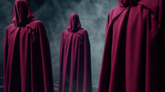 Faceless people in red robes standing in fog. Dark mysterious concept.