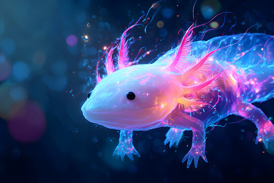 Neon Fantasy Axolotl Glowing Underwater Illustration Cyberpunk Style