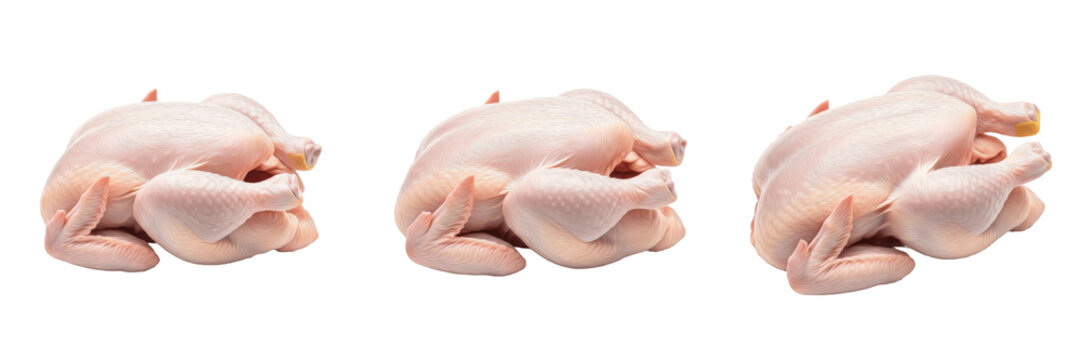 Set of fresh whole raw chickens isolated on white background