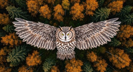 Fototapeta premium An aerial view of an owl with outstretched wings, surrounded by autumn foliage, creating a symmetrical pattern.