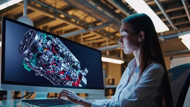 Female mechanical engineer designing 3D engine on computer in office.