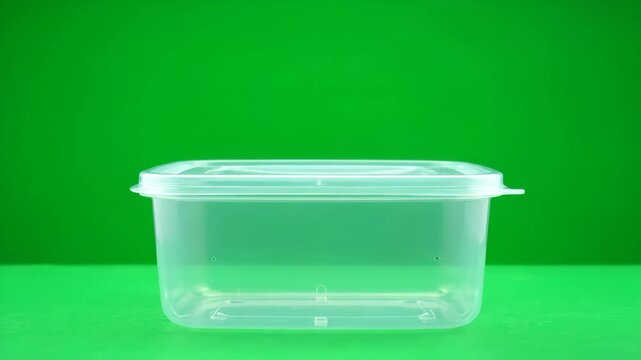 A clear plastic food container is closed with its lid on a vibrant green screen background. Ideal for product showcases.