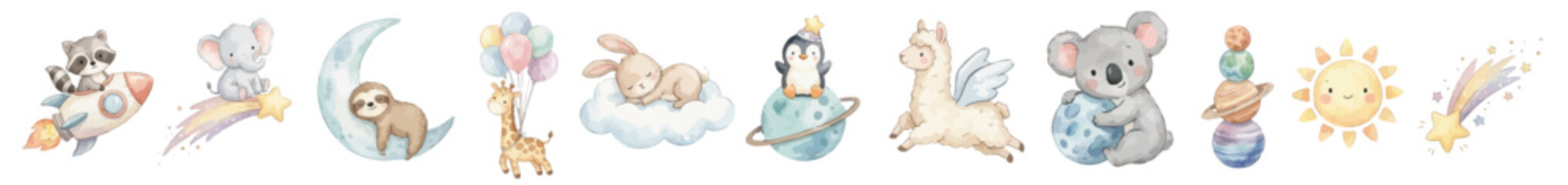 Cute watercolor galaxy set with rocket animals, sun, constellations and toys. Collection of Vector illustrations. Perfect for invitation, card, poster, banner, decoration © maria