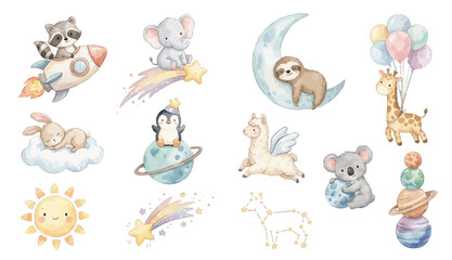 Watercolor space nursery clipart with baby animals, planets, moons and stars. Collection of Vector illustrations. Perfect for invitation, card, poster, banner, decoration © maria