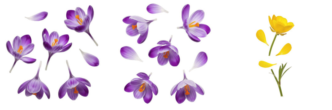 Set of purple crocus flowers and a single yellow flower isolated on white background