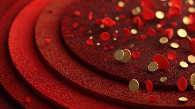 Vibrant red surfaces with scattered gold and red confetti create a festive atmosphere for celebrations and events