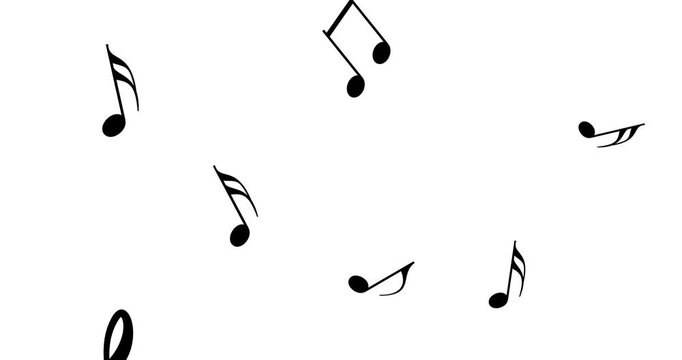 Musical Note. Animation flying musical symbols and notes on white background. black musical notation symphony signs, notes for sound tune music. 4k loop video motion graphic