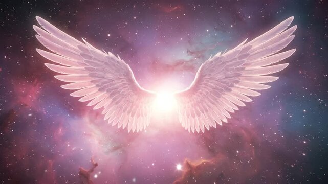 Ethereal angel wings glowing in cosmic space with vibrant colors  