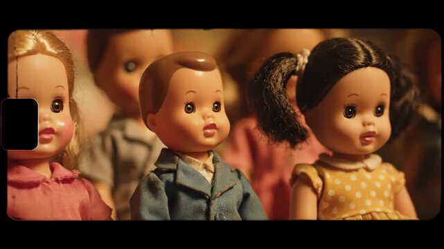 A close-up shot of a group of classic vintage dolls, evoking a sense of childhood nostalgia and a slightly unsettling atmosphere.