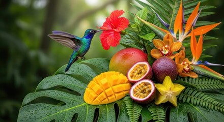 Fototapeta premium A vibrant tropical flower arrangement with a hummingbird hovering above it, showcasing a variety of colorful fruits and exotic flowers.