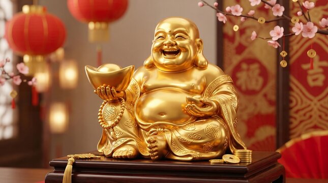 Laughing Buddha figurine in glossy gold finish, holding gold ingot, festive Chinese style 3D render, festive 3D render, high resolution, minimalist