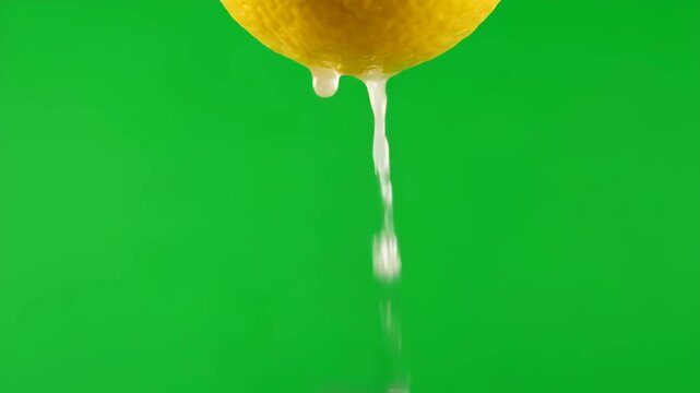 A close-up shot of a hand squeezing a ripe yellow lemon, with fresh, natural juice dripping down against a bright green screen background.