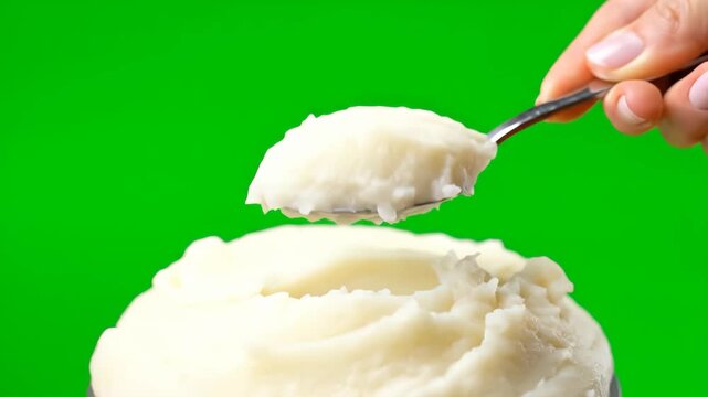 A close-up shot of a person's hand using a spoon to scoop fluffy mashed potatoes from a bowl.