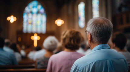 Obraz premium Congregation sitting in church hall facing front, Catholic cross and beautiful stained glass windows creating serene atmosphere, worship service gathering, faceless attendees, defocused altar