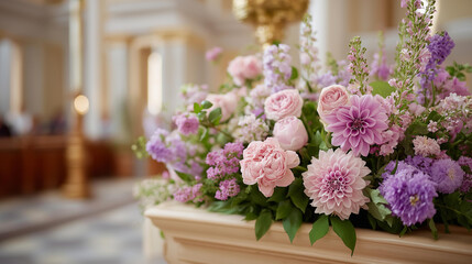 Obraz premium Elegant floral arrangement in church, sophisticated botanical display, formal ceremony decoration, ecclesiastical floral design, sanctuary adornment showcase, defocused interior background, with