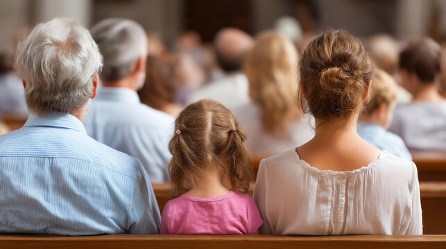 Father's Day Service heartfelt gathering of family members, celebrating faith and love during special church service, honoring fathers dedication, faceless congregation, defocused background,