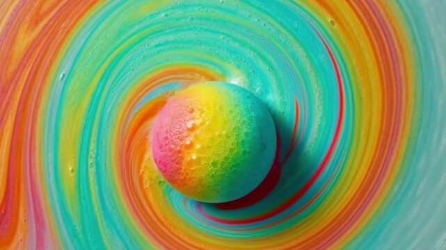 Vibrant rainbow bath bomb dissolving in swirling colorful water with foam