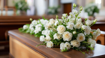 Funeral ceremony coffin in church with white flowers, memorial service display, burial preparation scene, mourning ritual gathering, final farewell arrangement, defocused sanctuary background,