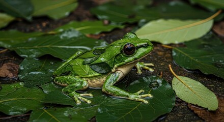 Obraz premium A green frog on a leafy surface, surrounded by wet leaves, with a focus on the frog's detailed features and the natural environment.