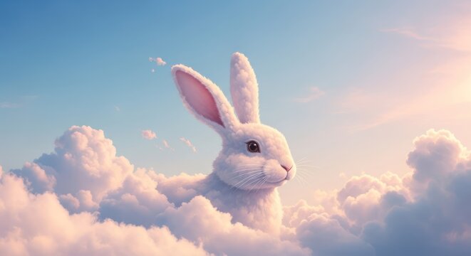 A white rabbit emerging from fluffy clouds against a soft blue sky, creating a surreal and whimsical scene.