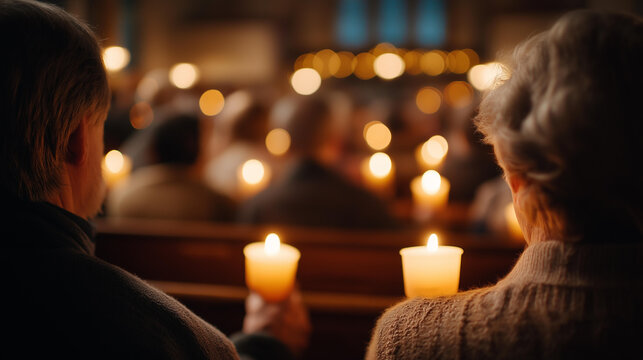 People during traditional Christmas service in dark church with burning candles, holiday worship gathering, festive religious celebration, candlelit liturgy moment, faceless congregation,