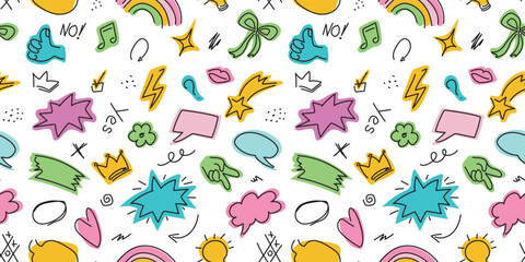 Fototapeta premium Hand Drawn Colorful Doodle Seamless Pattern on White