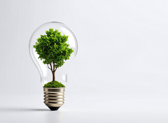 Bombilla eléctrica con un árbol verde creciendo dentro, concepto de ahorro energetico, dia internacional de la eficiencia energética y dia mundial de la energia con espacio para texto y fondo blanco