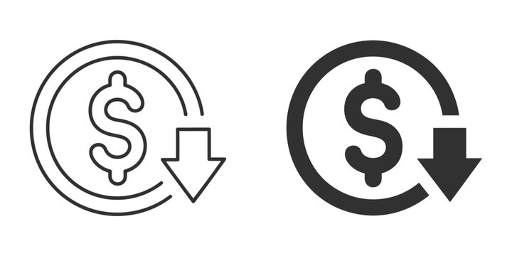 cost reduction icon vector featuring dollar decrease sign, profit decline symbol, and cost saving illustration on transparent background, modern flat design financial crisis concept, business expense 