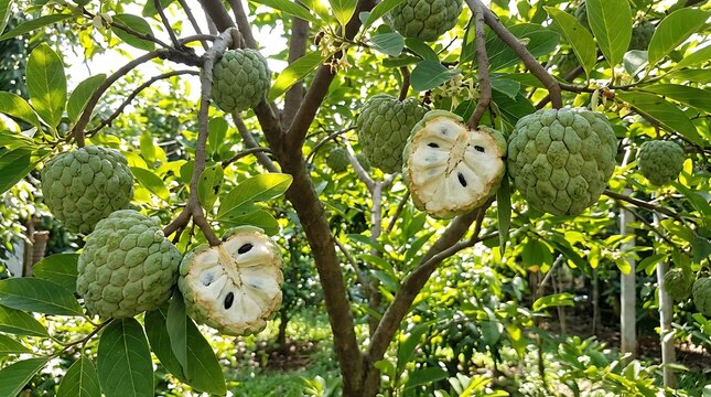 A close up view of a custard apple tree branch displaying both whole and halved cherimoya fruits revealing white flesh.