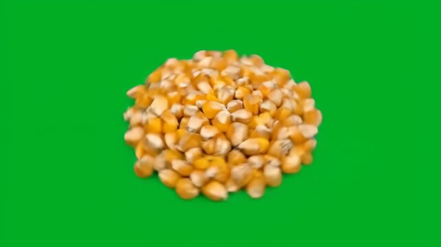 A close-up shot of golden corn kernels slowly rotating against a chroma key green screen. Ideal for food, farming, and healthy eating concepts, offering versatility for various creative projects.