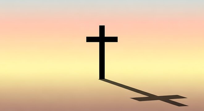 Silhouette of a Christian Cross casting a long shadow at sunset.