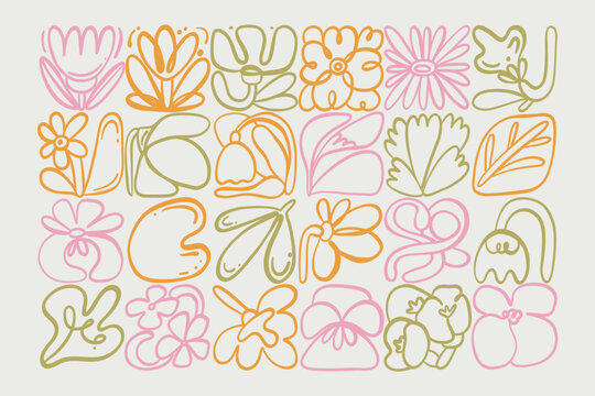 Floral doodle background. Hand drawn outline flowers and leaves banner, creative botanical graphic, decorative design. Organic nature forms. Minimal scribble style pattern. Vector illustration