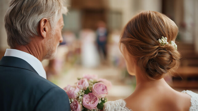 Father walking bride down aisle in beautiful church ceremony, summer wedding tradition, paternal escort moment, matrimonial processional scene, faceless father and bride, defocused background,