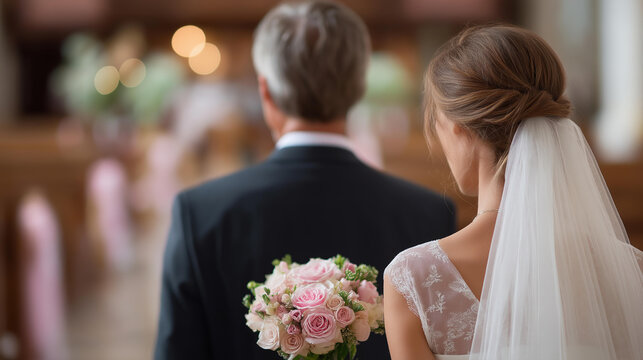 Father walking bride down aisle in beautiful church ceremony, summer wedding tradition, paternal escort moment, matrimonial processional scene, faceless father and bride, defocused background,