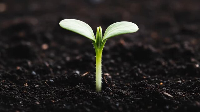 A close-up time-lapse captures the delicate process of a young plant sprouting from dark earth.