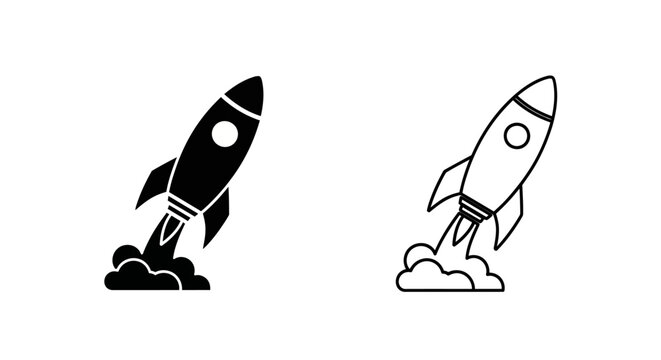 Rocket launch icons, black and white, vector illustrations, business and startup symbols