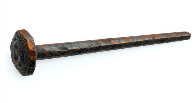 long rusted iron spike with hexagonal head isolated on white, weathered and rugged