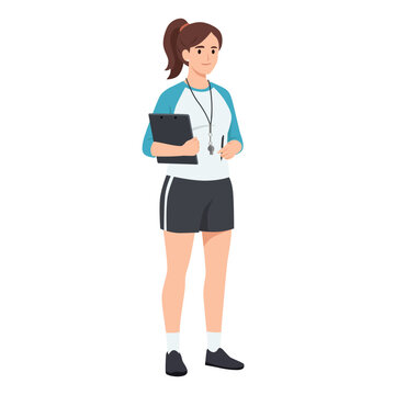 Female Sports Coach Holding Clipboard with Whistle. Flat vector illustration isolated on white background