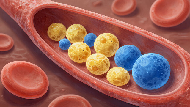 Detailed Illustration of Lymphocytes and Monocytes Flowing Through a Blood Vessel with Red Blood Cells in Medical Science Context