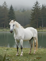 Obraz premium Elegant White Horse Standing Gracefully in a Misty Forest Near Calm Lake with Green Grass and Pine Trees Natural Wildlife Photography