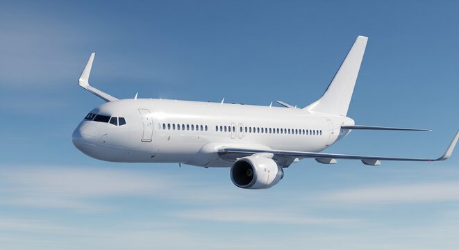 White passenger airplane with winglets flying in a clear sky, symbolizing efficient air travel and modern design.