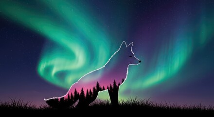 Fototapeta premium A silhouette of a wolf with a forest and aurora borealis background, symbolizing nature and wilderness.