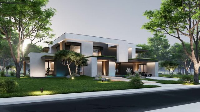 4K video rendering of two-story house with parking and pool for sale or rent with concrete facade and beautiful landscaping Clear summer evening with cozy light from window