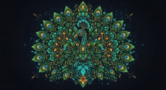 A symmetrical, ornate peacock design with intricate feather patterns and vibrant colors on a dark background.