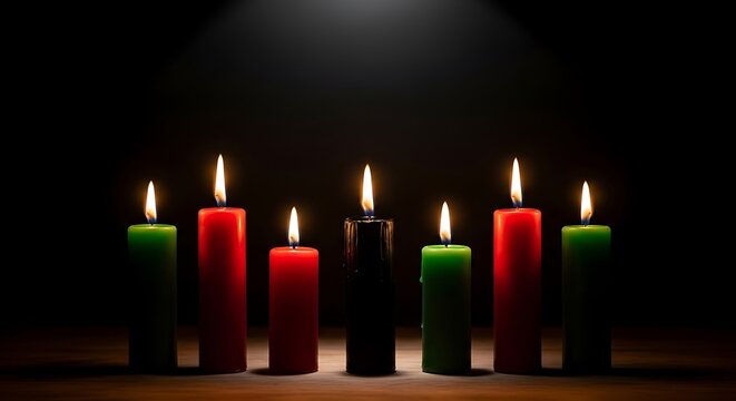 Seven Kwanzaa Candles Lit in Darkness Symbolizing Unity and Culture.