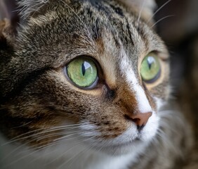 Fototapeta premium a close up shot of the and eyes of an adorable brown tabby cat with white stripes, captured in a photorealistic style using a canon eos r5 camera