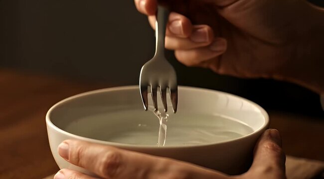 Hands Holding Empty Bowl with Fork.