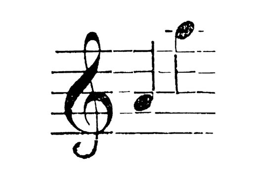 Musical note "La" (A) on a staff, note's position on the five-line stave with clef and other notation elements, old vintage illustration, 1897.