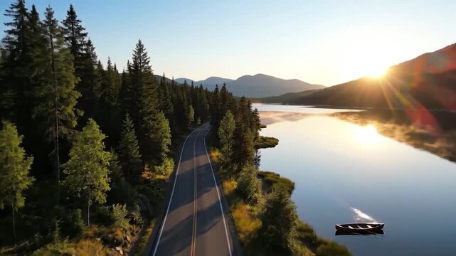 Scenic winding road through a dense pine forest alongside a calm lake at golden